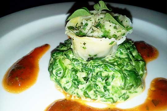 Shitake-Mushroom-Tortellini-on-Garlic-Creamed-Spinach-and-Mulunga-with-Gazpacho-Dressing
